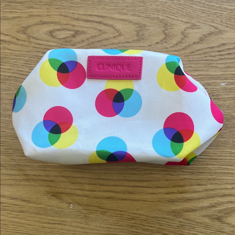 Clinique White Cosmetic Pouch with Pink, Yellow, Blue, Green Dot Print